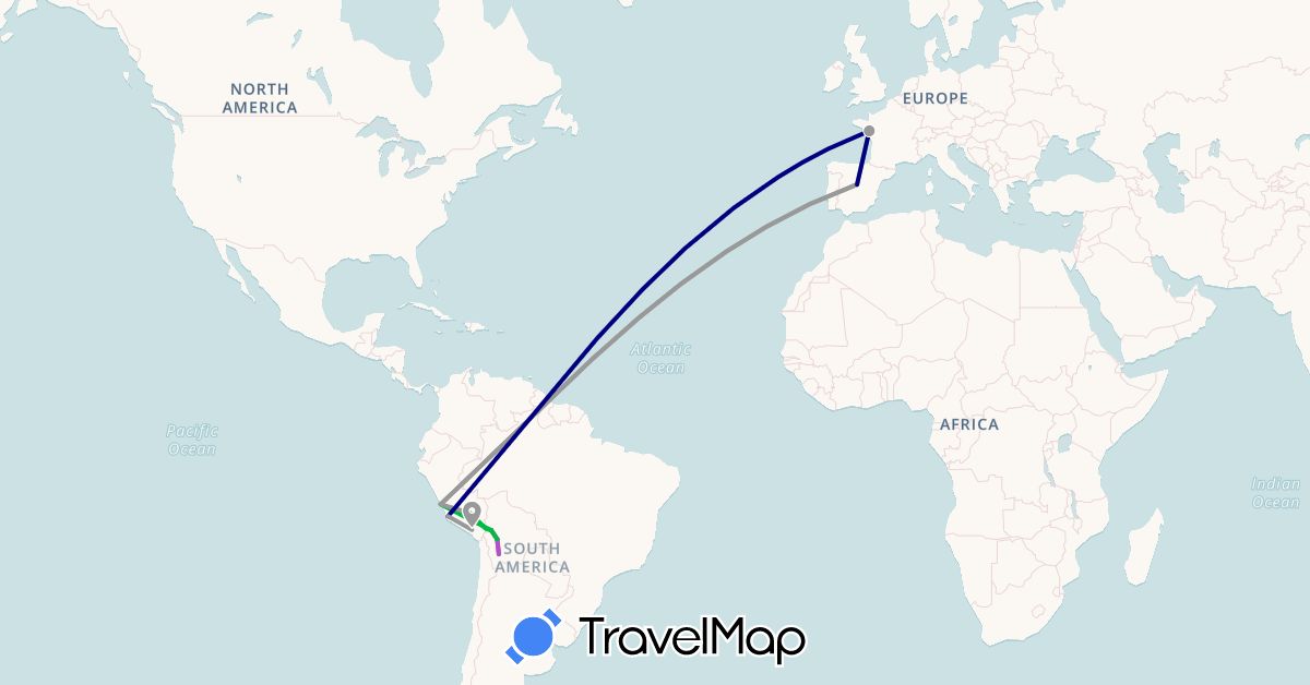 TravelMap itinerary: driving, bus, plane, train in Bolivia, Spain, France, Peru (Europe, South America)